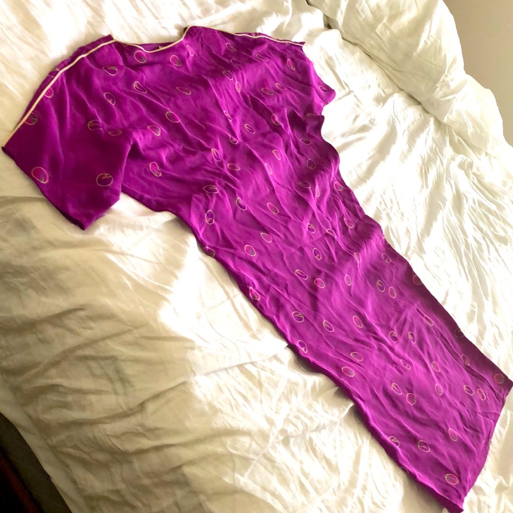 Maggy London Vintage 100% Silk Fuschia 80s Dress Bateau Neckline Pattern Sz 6